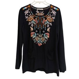 Origami by Vivien Black Embroidered Boho Floral Long Sleeve Top Pockets L NWOT